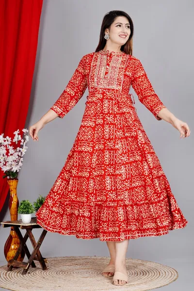 Yoke Embriodered Rayon Floral Printed Anarkali Kurti For Women