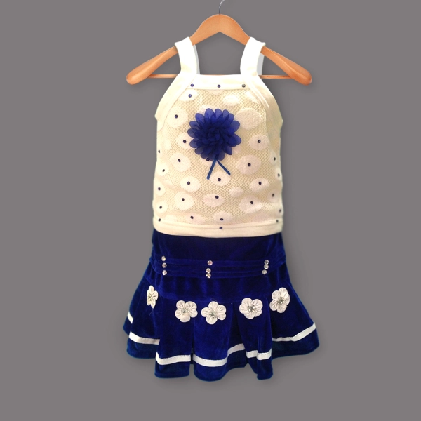 Sleeveless Knee Length Blue color Skirt-Top Set For kids