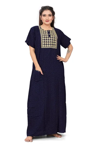 Women Brasso Cotton Sunflower Designed ALine Cut Nighty Navy Blue