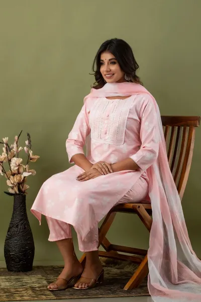 Women's Powder Pink Yoke Embroidered Kurta Set with Printed Dupatta