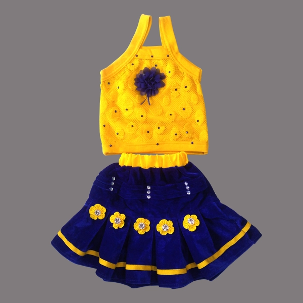 Knee Lenth Deep Blue Color Skirt and Top Set For Girls