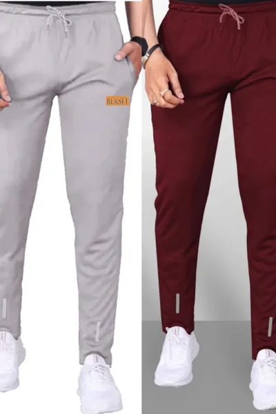 BUKSET Men's Regular Fit Track Pants Pack of 2 Steel Grey And Maroon