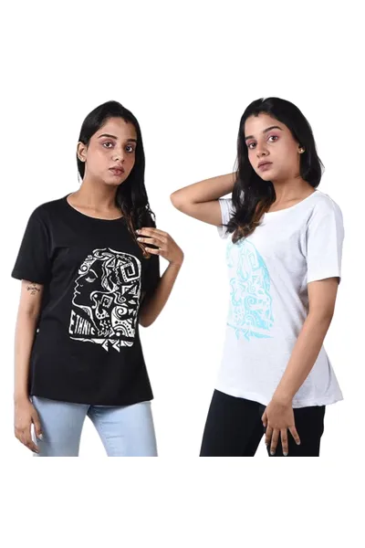 Printed Round Neck Solid Cotton Top Pack of 2