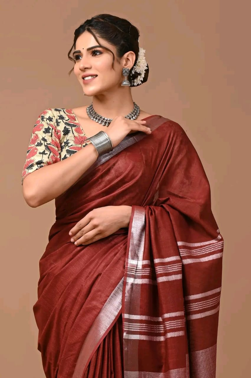 Pure Linen Saree With Silver Zari Border