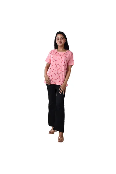 Printed Round Neck Solid Cotton Top For Women's