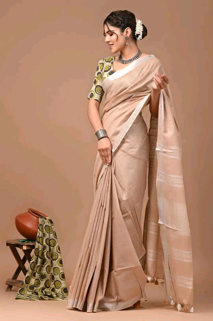 Pure Linen Saree With Silver Zari Border