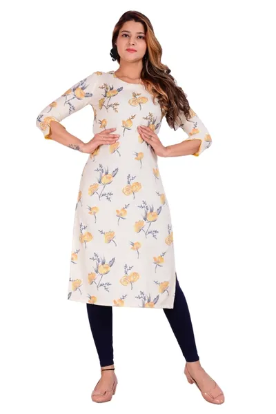 Yellow Floral Printed Rayon Straight Kurti For Women