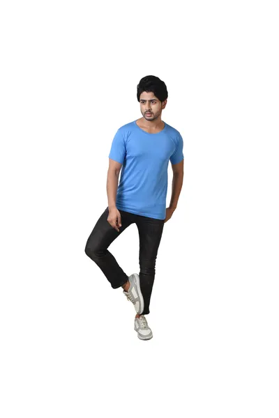 Back Printed Round Neck Blue Pure Cotton T-Shirt For Men