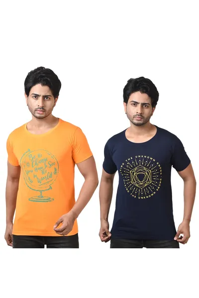 Printed Round Neck Solid Cotton T-Shirts For Men Pack Of 2