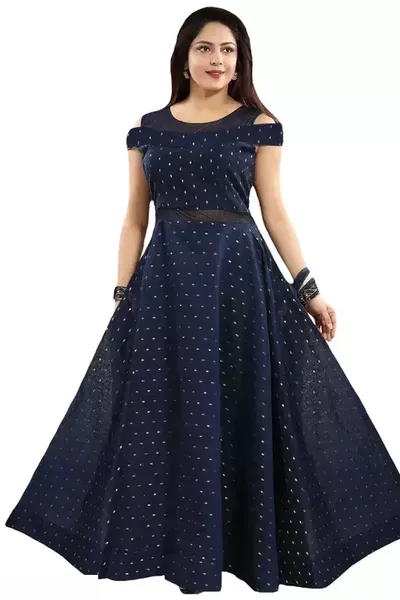 MidnightBlue  Round Neck Regular Fit Long Party wear Gown for Women