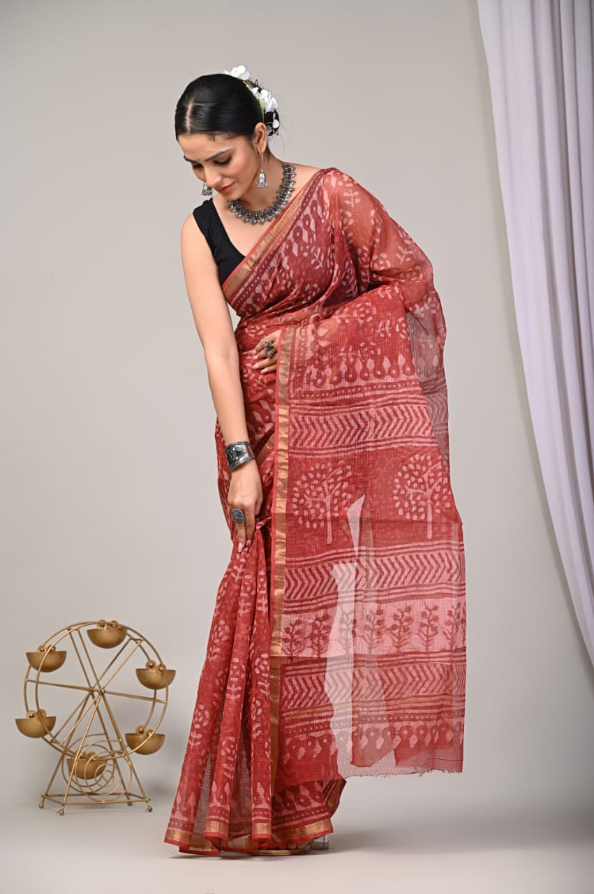 Block Printed Cotton Kota Doriya Saree