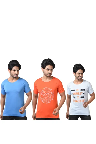 Combo Pack of 3 Printed Round Neck Pure Cotton T-Shirts For men